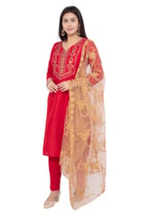 Narmeen Red Poly Silk Straight Suit Set