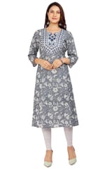 Women's Shahira Gray Cotton Printed & Embroidered A-Line Kurta