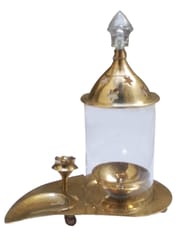 Brass Pooja Thali 'Abhishekam': Akhand Jyoti Oil Lamp, Incence Stick Holder, Kumkum Dhoop Slot in a Mini Plate (12124)