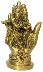 Brass Idol Radha Krishna: Seated on Hand Shape Throne with Om (12170)