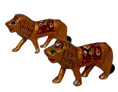 Enamelled Metal Miniature Lion Pair: Colorful Meenakari Art, Set of 2 Figurines (12298)