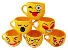 Ceramic Mug Set: 6 Yellow Tea Coffee Cups In Smiley Designs, Fun Party Gift (12310)
