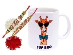 Rakhi Hamper For Brother : Ceramic Mug With Sup Bro Hipster Giraffe, 2 Designer Rakhi & Pack Of Roli Chawal (rakhi87)