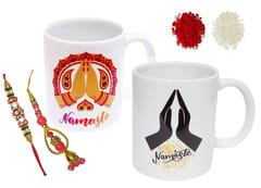 Rakhi Hamper For Bhaiya & Bhabhi : 2 Ceramic Mugs Namaste Design, 2 Designer Rakshabandhan Bracelets & Roli Chawal (rakhi89c)