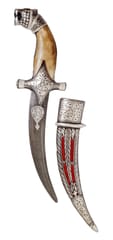 Collectible Dagger: Antique Tiger Design Camel-bone Hilt, Damascus Steel Blade, Hand-Engraved Scabbard, 9 inches (A20046)