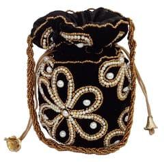 Chenille Potli Bag (Clutch, Drawstring Purse): Intricate Bead Work Satchel Handbag, Black (12396A)