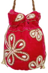 Chenille Potli Bag (Clutch, Drawstring Purse): Intricate Bead Work Satchel Handbag, Pink (12396D)