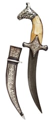 Vintage Dagger Knife: Antique Horse Design With Camelbone Chips Hilt, Damascus Steel Blade, Silver Inlay Scabbard, 9 inches (A20021)