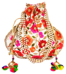 Potli Bag (Clutch, Drawstring Purse): Intricate Thread Embroidery Satchel, Multicolor (12436)�