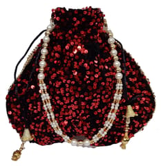 Blingy Shiny Chenille Potli Bag (Clutch, Drawstring Purse) For Women: Red Sequin Embroidery Work (12530A)