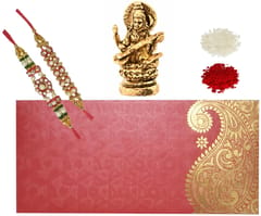 Rakhi Set for Brother: 2 Rakshabandhan Bracelets, Roli Chawal Tika, Miniature Saraswati Statue (rakhi94a)