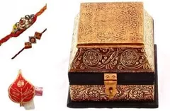 Traditional Rakhi Gift Hamper : Set of 2 rakhis, roli chawal in a beautiful handcrafted box