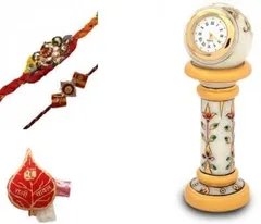 Rakhi Gift Set for brother: Marble clock, rakhi set, roli chawal