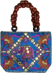 traditional Indian Women's Silk Hand Bag with fancy beads Blue color (bag02e)