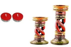 Diwali gift Hamper: Spiral Painted Wooden Candle Holder(4&6''), Diya Set of  2 dh5g