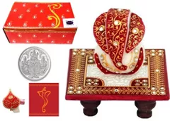 Diwali gift Hamper: Marble chowki ganesh, Roli chawal, 5 gms silver coin, greeting card dh1c