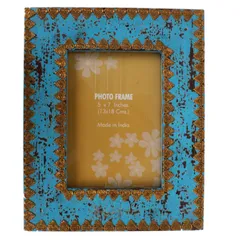Distress finish photo frame with brass adornments for 5x7 inch picture size,Blue Color (10125)