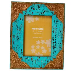 Distress finish photo frame with brass adornments for 5x7 inch picture size,Turquoise Color (10127)