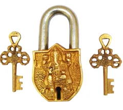 Vintage Brass Padlock/Lock with Lord Ganesha (Hindu God Ganapati, Ganapathi or Vinayaka) Sculpted in Brass Metal - Small (10328)