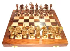 Chess Set with Brass Sculpted Pieces in Ancient Roman Style and Wooden Board "Golden Era": Strategy Board Game with Universal Rules; Loved Alike by Kids and Adults of All Ages (10504)