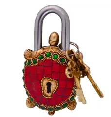 Tortoise Turtle Shaped Brass Lock Padlock: Handmade Antique Design With Colorful Gemstone Work (10700)
