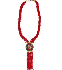 Necklace Chain With Red Glass Beads & Mosaic Work Brass Pendant (30078)