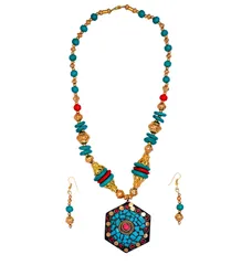 Jewelery Set With Glass Beads & Red Blue Mosaic Work Brass Pendant (30082)