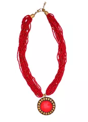 Necklace With Glass Beads & Red Gemstone Pendant (30083)