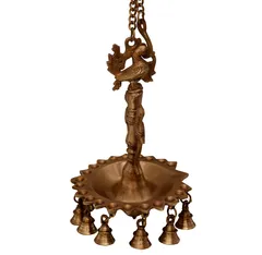 Brass 21 Hanging Diyas-Bells In Twin Peacock Design: Solid Brass Metal Heavy Lamp (10720)