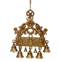 Brass Wall Hanging With Bells Of Lakshmi Ganesh Saraswati, Unique Indian Décor (10721)