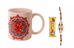 Rakhi Hamper: Traditional Design Ceramic Mug,  Designer Rakhi,  5 Star Chocolate & Roli Chawal (rakhi64a)