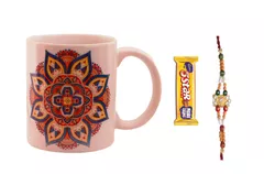 Rakhi Hamper: Traditional Design Ceramic Mug,  Designer Rakhi,  5 Star Chocolate & Roli Chawal (rakhi64b)