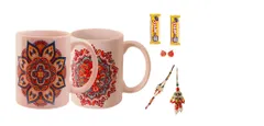 Rakhi Hamper For Bhaiya & Bhabhi : 2 Ceramic mug with Ethnic Indian Designs 2 Designer Rakhis 2 Chocolates 5 Star & Roli Chawal (rakhi64c)