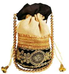 Rich Velvet & Jute Potli Bag (Clutch, Drawstring Purse, Evening Handbag) For Women With Gold Embroidery Work and Golden Beads String , Black (11474)