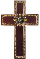 Wooden Wall Cross 'Earth': Handpainted Mangowood Plaque, Brown (11446E)