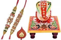 Rakhi Gift Set of 2 Designer Rakhis for Brother with Marble Chowki Ganesha and Pack of Roli Chawal in Auspicious Red Paan Packing