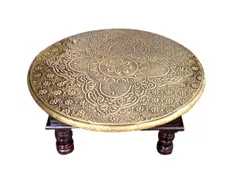 Wooden Bajot (Low Table Chowki Stool) with Brass Sheet Cover: Vintage Antique Design Furniture, Round, 18in (10929c)