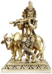 Brass Idol Lord Krishna & Kamdhenu Cow: Collectible Gold Finish Heavy Statue for Home Temple (12099)