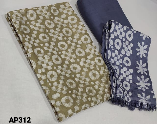 CODE AP312 : Pure Wax Batik dyed Light Olive Green Soft Silk cotton unstitched Salwar material(soft thin fabric requires lining), Batik Dyed Bluish Grey soft thin Silk Cotton bottom, Wax dyed Soft  silk cotton dupatta (Taping needs to be stitched)