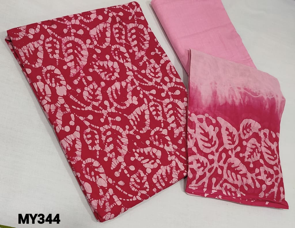 CODE MY344: Batik Dyed Dark Pink soft Cotton unstitched Salwar material( lining required), Light pink cotton bottom, batik dyed mul cotton dupatta(requires taping)