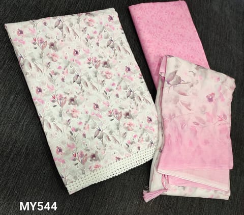 CODE MY544 :Pastel Pink Floral Printed Premium Hakoba Pure glazed cotton unstitched salwar materials( requires lining) with cut work and thread embroidery work on front side, chrochet lace work on daman, Printed back, Printed soft galzed cotton bottom, Floral Printed soft mul cotton dupatta