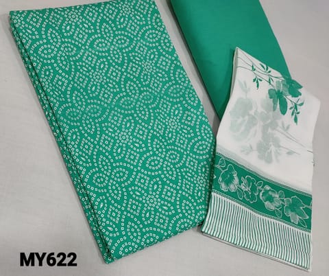 CODE MY622: Bandini Printed Turquoise Green Cotton unstitched Salwar material(lining required) , matching cotton bottom, printed mul cotton dupatta