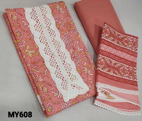 CODE MY608:  Peach Cotton Unstitched salwar material(lining optional) with heavy lace work and fancy buttons on yoke, matching cotton bottom, printed soft mul cotton dupatta.