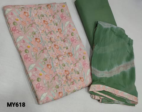 CODE MY618: Premium Printed Pastel Pink soft satin Cotton Unstitched salwar material(lining optional) with embroidery and buttons on yoke, green cotton bottom, shibori printed chiffon dupatta with tapings
