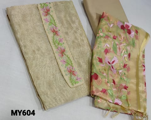 CODE MY604: Designer Digital Printed Beige Soft fancy Silk Cotton Unstitched salwar material(lining optional) with embroidery and faux mirror work on yoke, silk cotton bottom,  floral embroidery work on organza dupatta with zari line borders