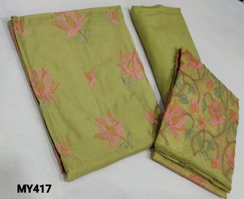 CODE MY4171: Premium Light Green  Silk Cotton unstitched Salwar material( requires lining) with embroidery work on frontside, matching santoon or silk cotton bottom, rich embroidery work on organza dupatta.