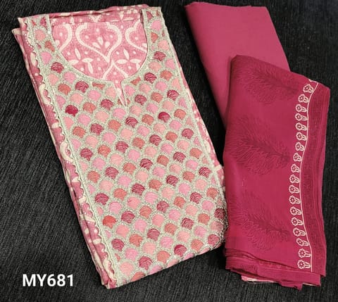 CODE MY681: Designer Printed Peachish Pink Liquid fabric unstitched Salwar material(soft,flowy fabric, lining optional) with zari, thread and sequence work on yoke, fancy button on yoke, pink cotton bottom, block printed chiffon dupatta with tapings.