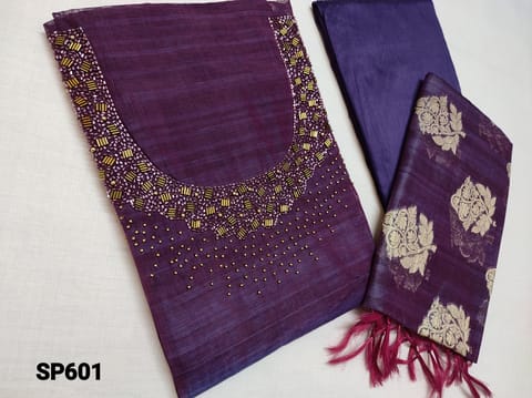 CODE SP603 : Designer Purple Slub Silk Cotton unstitched Salwar material(requires lining) with heavy bead and pipe work on yoke, Cotton or Silk cotton bottom, Benarasi weaving Silk Cotton dupatta with taping( DUPATTA WEAVING DESIGN MAY BE DIFFERENT FROM WHATS SHOWN IN PICTURE)