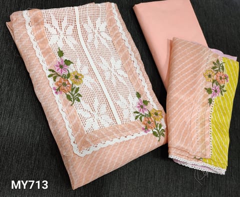 CODE My713 : Pastel Peach Kota Silk Cotton Unstitched Salwar material(Netted fabric requires lining) with lace and embroidery work on yoke, matching cotton botto, Multicolor fancy kota silk cotton dupatta with crochet embroidery and lace work.