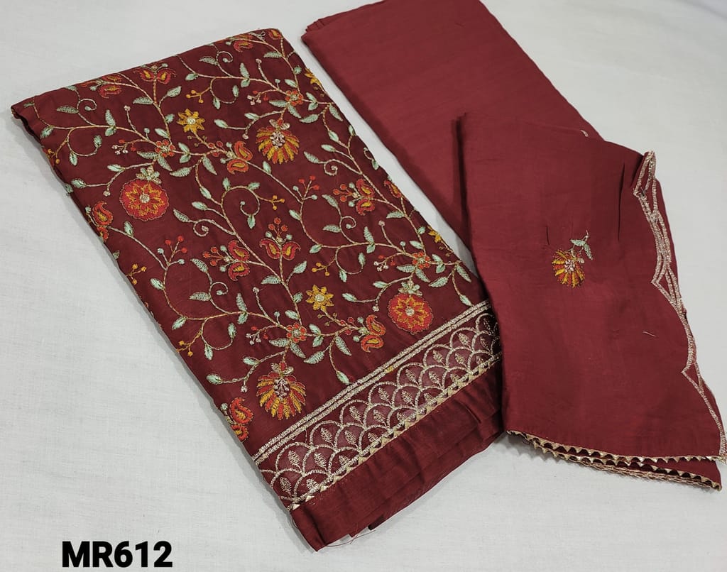 CODEMR612 : Reddish Maroon Silk Cotton unstitched Salwar material(thin fabric requires lining) with Heavy Jal embroidery work on front side, Cotton fabric is provided can be used as lining or bottom, Soft Silk cotton dupatta with heavy embroidery work and cut tapings